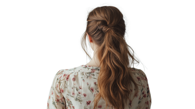 Girl in floral blouse with loose hair, turned back to camera, minimal white scene