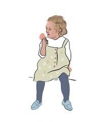 Colorful hand-drawn illustration of a young girl sitting and enjoying a strawberry ice cone. She wears a dress with floral patterns, blue tights, and shoes, captured in a candid and sweet moment.