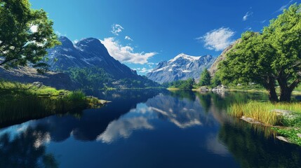 Obraz premium Tranquil mountain lake mirroring majestic peaks amidst lush greenery under a clear sky