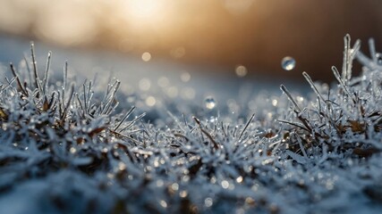 Close-up of frozen grass with ice crystals and droplets in winter sunlight showing nature's beauty and seasonal change