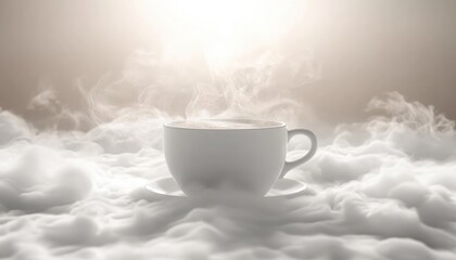A steaming cup of coffee, surrounded by ethereal clouds