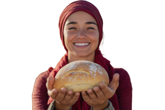 Smiling woman presents freshly baked bread in vibrant setting under the sunlight