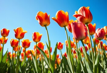 Obraz premium Vibrant tulips bloom under a clear blue spring sky, vibrant, colorful