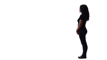 Fototapeta premium Teenage girl standing and looking to the side, back view, waist-up, isolated on white background, PNG format 