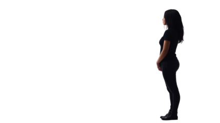 Teenage girl standing and looking to the side, back view, waist-up, isolated on white background, PNG format 
