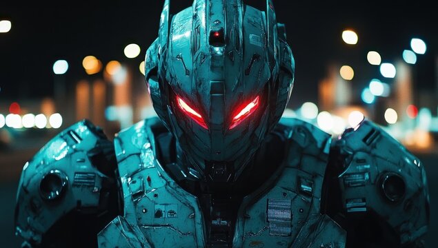 Futuristic robot in night city