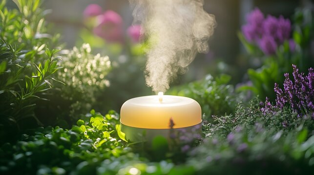 A calming aroma diffuser emits a gentle steam among lush greenery and vibrant flowers creating a serene atmosphere.