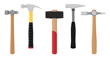 Hammer types: mallet, Warrington, ball pein, club hammer, sledge hammer, and claw hammer. Construction tools
