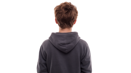 Casual teen boy in hoodie, back view, white background, isolated PNG, cinematic clarity