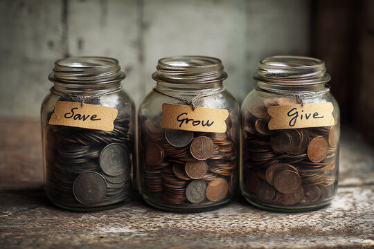 Three glass jars filled with coins, labeled "Save," "Grow," and "Give," sit on rustic wood, representing financial planning, saving, investing, and charity