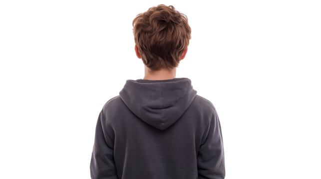 Casual teen boy in hoodie, back view, white background, isolated PNG, cinematic clarity