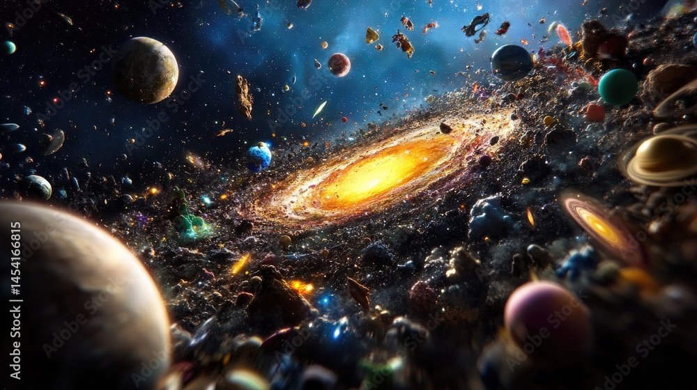 Poster Surreal view of a colorful nebula surrounded by countless galaxies and sparkling stars