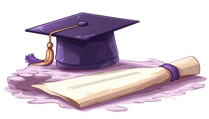 Graduation cap and diploma scroll resting on a textured surface