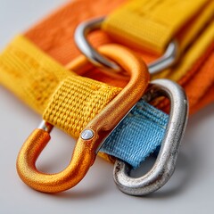 Close Up of Orange and Yellow Nylon Straps with Metallic Carabiners