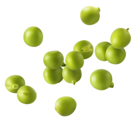 Fresh raw Green Peas falling in the air isolated on white background. Food levitation or zero gravity conception