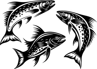 Obraz premium SVG vector illustrating sustainable fishing with fishermen. Black and White Illustration of Three Stylized Fish Swimming Together