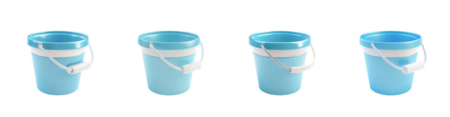 Four Light Blue Plastic Buckets with White Accents and Handles Ideal for Beach or Cleaning