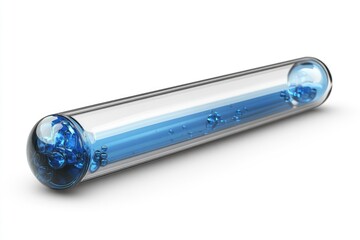 Clear glass test tube with blue liquid and bubbles