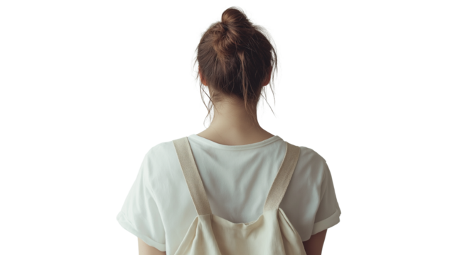 Young adult with eco-bag over shoulder, back view, white studio setting 