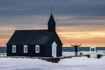 Sunrise at B&uacute;&eth;akirkja church in Snaefellsnes peninsula (Iceland)
