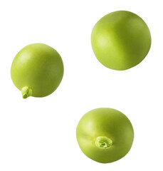 Fresh raw Green Peas falling in the air isolated on white background. Food levitation or zero...