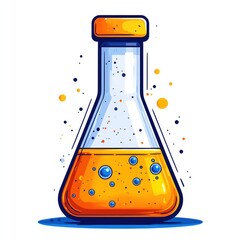 Erlenmeyer flask containing liquid, bubbles and specks on a white background