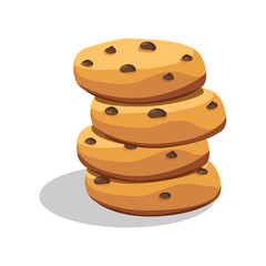 Delicious chocolate chip cookies isolated on white background. Stack of choco homemade cookies