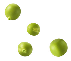 Fresh raw Green Peas falling in the air isolated on white background. Food levitation or zero gravity conception