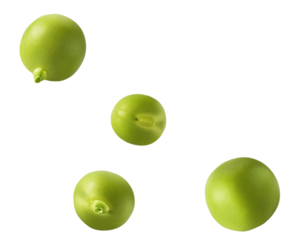 Fresh raw Green Peas falling in the air isolated on white background. Food levitation or zero gravity conception