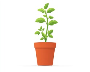 Growing tomato plant in terracotta pot