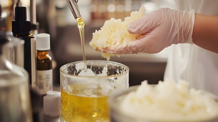 A gloved hand carefully pours golden oil into a mixture of fluffy white cosmetic base for handmade soap making.