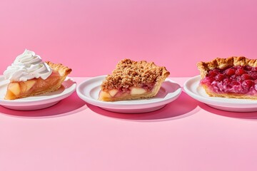 Pie Slice Assortment with Fruit Against Pink Backdrop