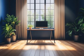Sunlit Home Office Interior with Plants and Modern Desk