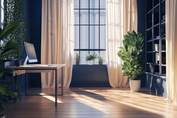 Sunlit Home Office with Blue Walls and Wooden Floor