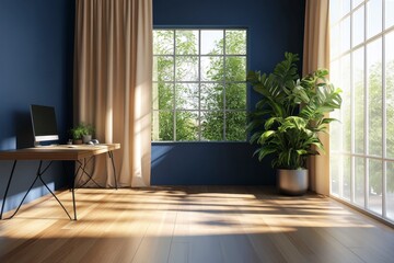 Fototapeta premium Sunlit Modern Home Office Interior with Blue Walls and Hardwood Floors