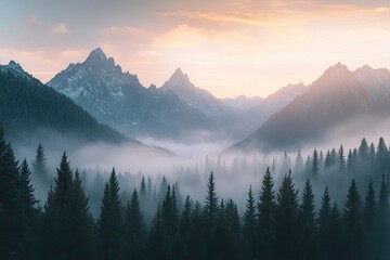 Mountain Range with Forest and Fog