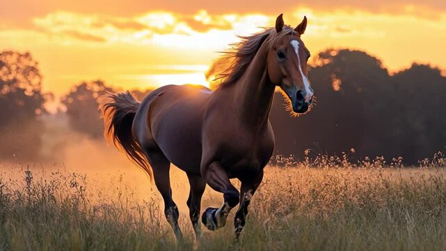 Majestic horse trotting through a golden field at sunset, with a serene landscape in the background