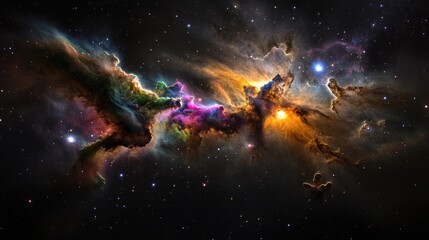 Fototapeta premium Vivid nebula swirling in deep space with bright stars and faint galaxies glowing in the distance