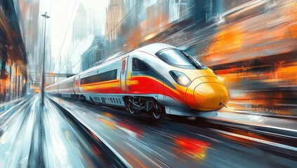 High-speed train moving through a city