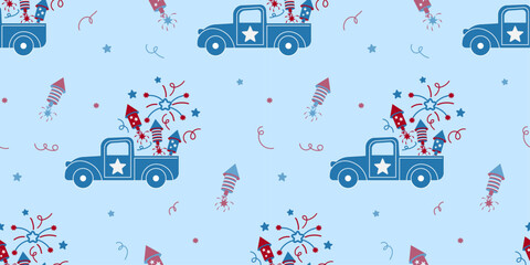 Cute a Truck of Fireworks US Flag Design in Baby Blue Background in a Seamless Pattern 
