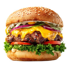 Close up of a classic beef burger with cheese and vegetable layers on top of a bun. Delicious american fast food meal studio shot isolated on transparent background.