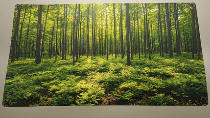 A sun-dappled forest with tall trees and a lush green undergrowth