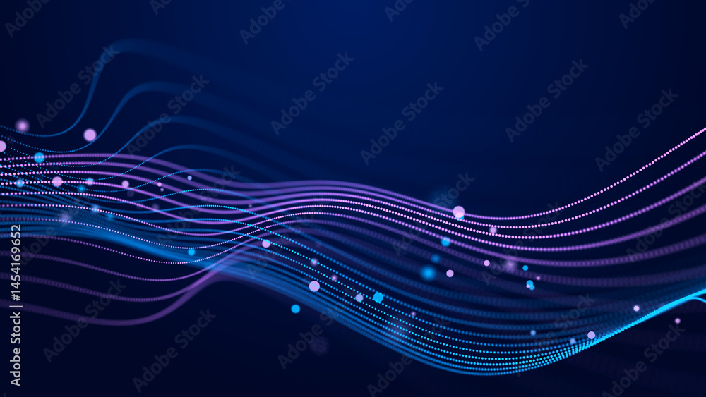 Poster futuristic wave of musical particles. stream of running data. 3d rendering