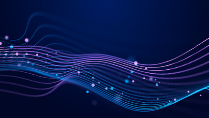 Futuristic wave of musical particles. Stream of running data. 3D rendering
