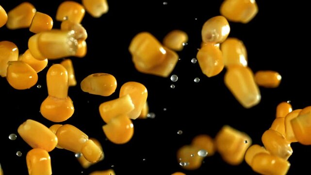 Canned corn flies up and falls down. Filmed on a high-speed camera at 1000 fps. High quality FullHD footage