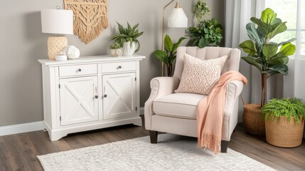 Cozy, light-toned living room vignette featuring a sideboard and armchair.
