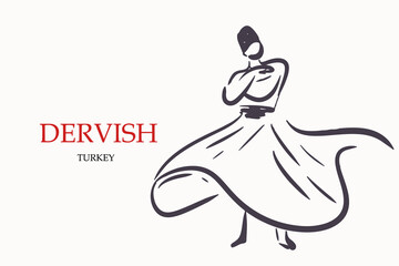 Dancing dervish. Sufi religious dance. Vector illustration hand drawn, line drawing, texture. Card.