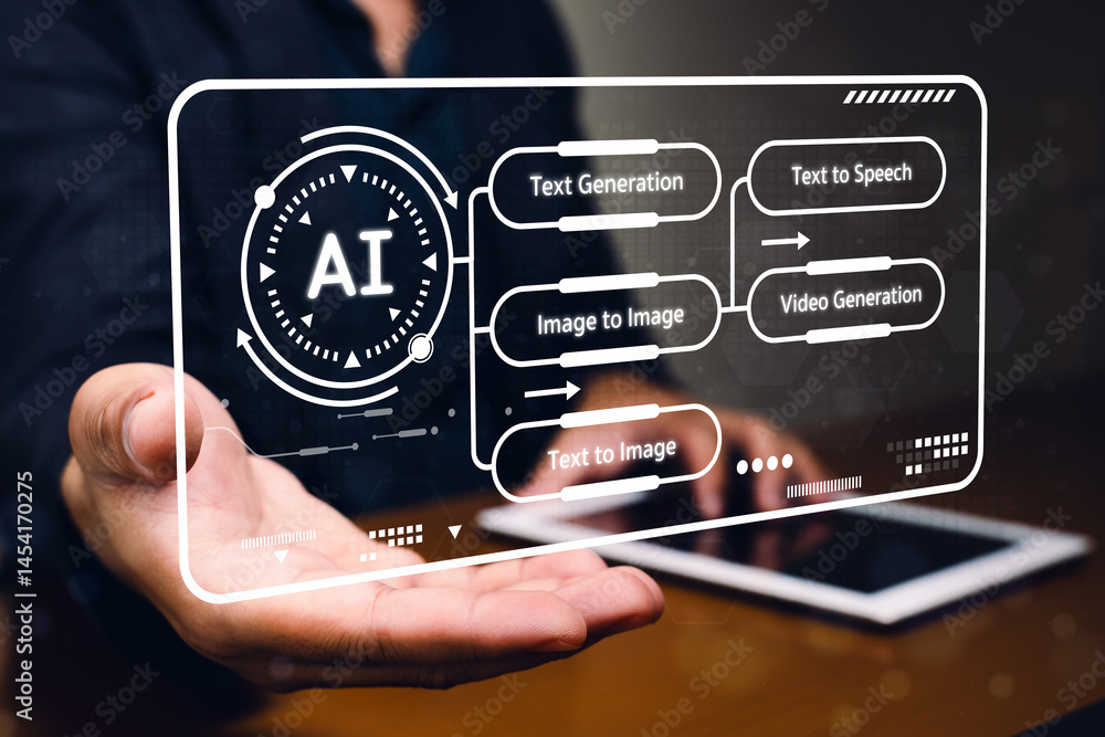 Poster innovative ai technology text and image generation tools digital workspace infographic virtual envir