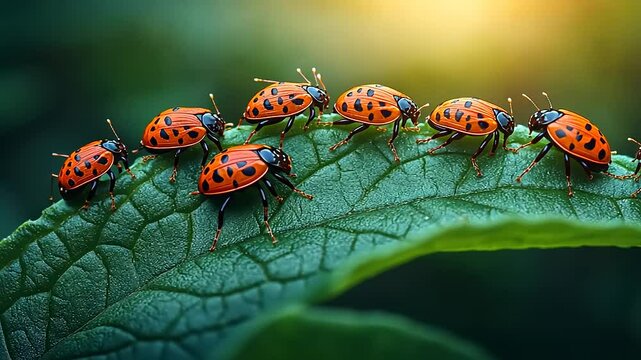 Ladybugs on a green leaf
