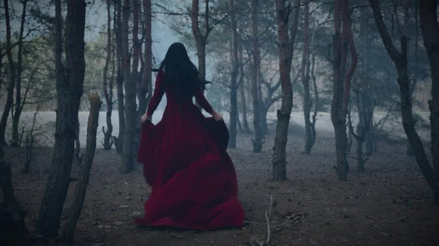 Fairy tale Gothic scared girl running away in dark foggy nature forest trees, red long old style dress black hair fly in wind slow motion back rear view. Fantasy Woman lost princess victim escaping